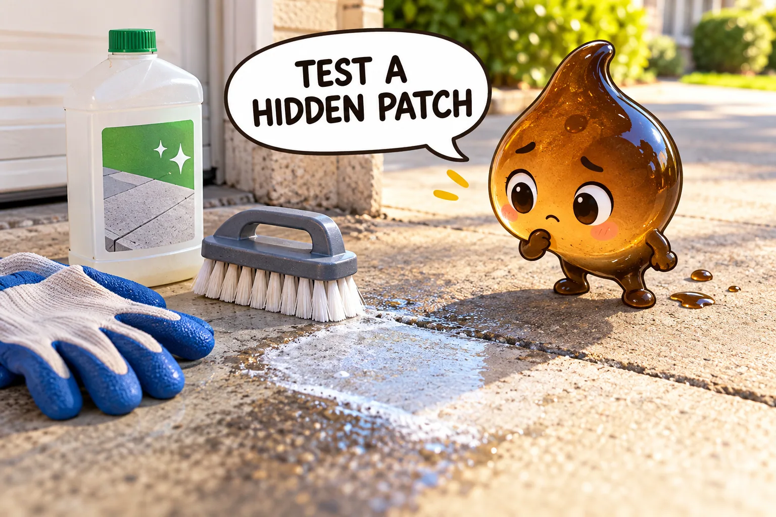 Gloves, a nylon brush, and driveway cleaner prepared for a hidden-patch test on concrete.
