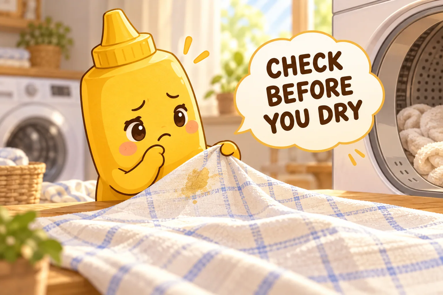 A damp cotton tablecloth being checked for a yellow mustard shadow before it goes into a clothes dryer.