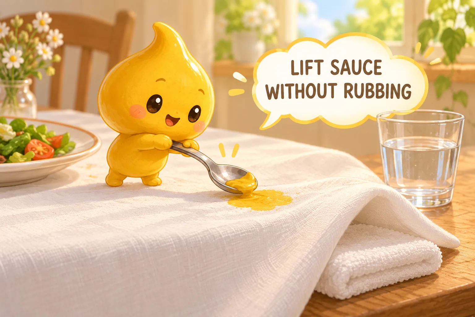 A spoon lifting a small mustard spill from a white cotton tablecloth without rubbing the fabric.