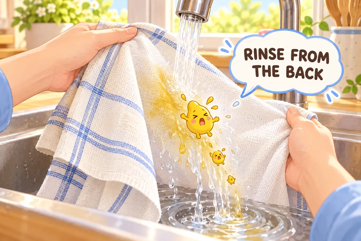 A mustard mark being rinsed from the reverse side of a blue-and-white cotton tablecloth under cool water.