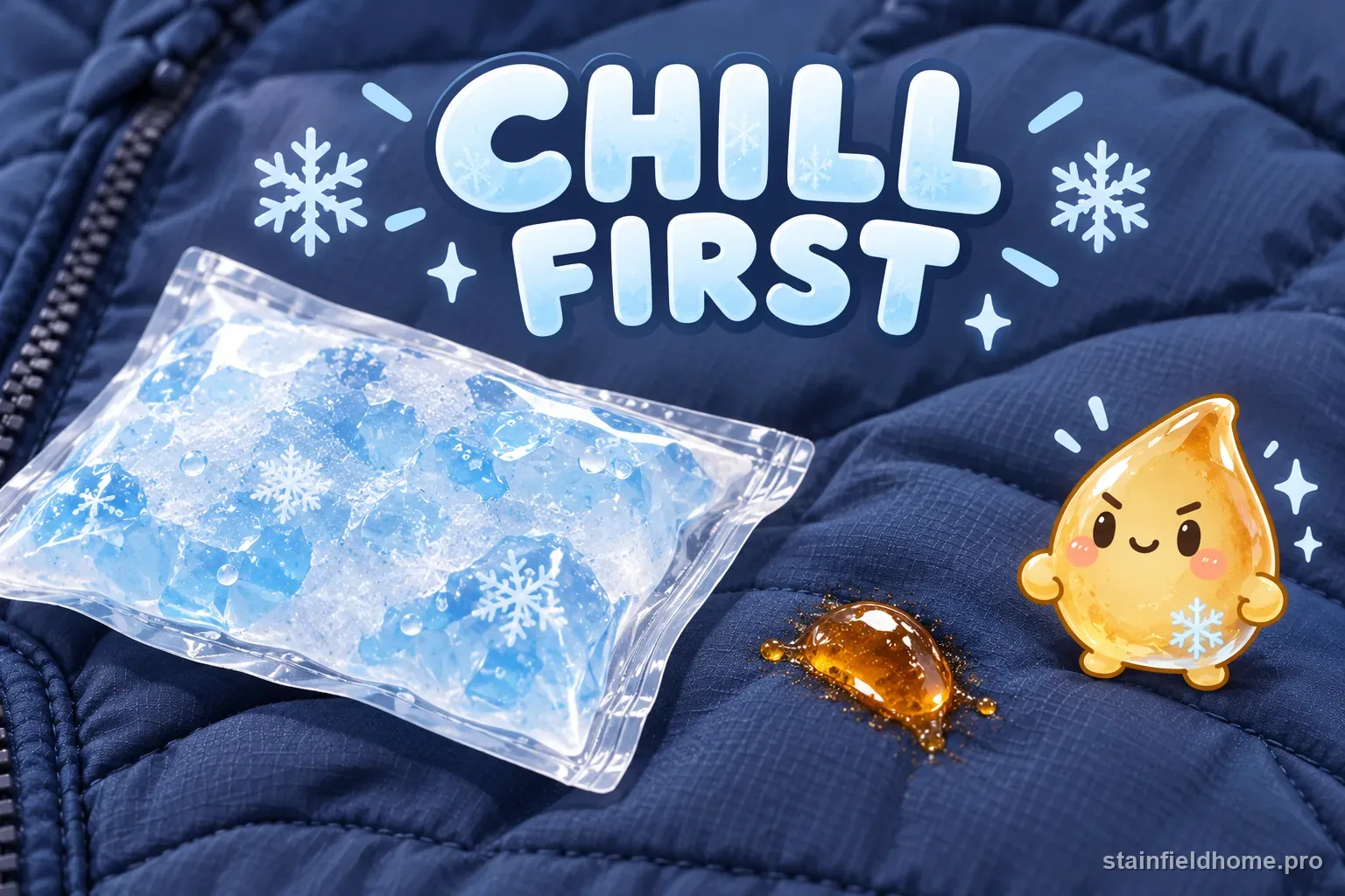 A sealed ice pack cooling a pine sap bead on a coat without wetting the fabric