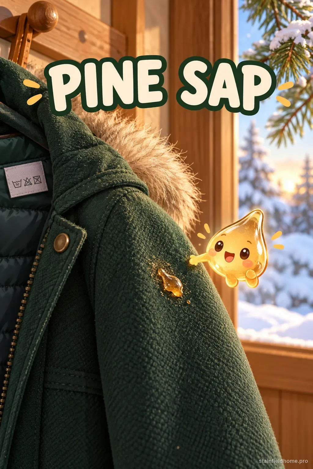 A small amber pine sap bead on a dark winter coat beside a care label