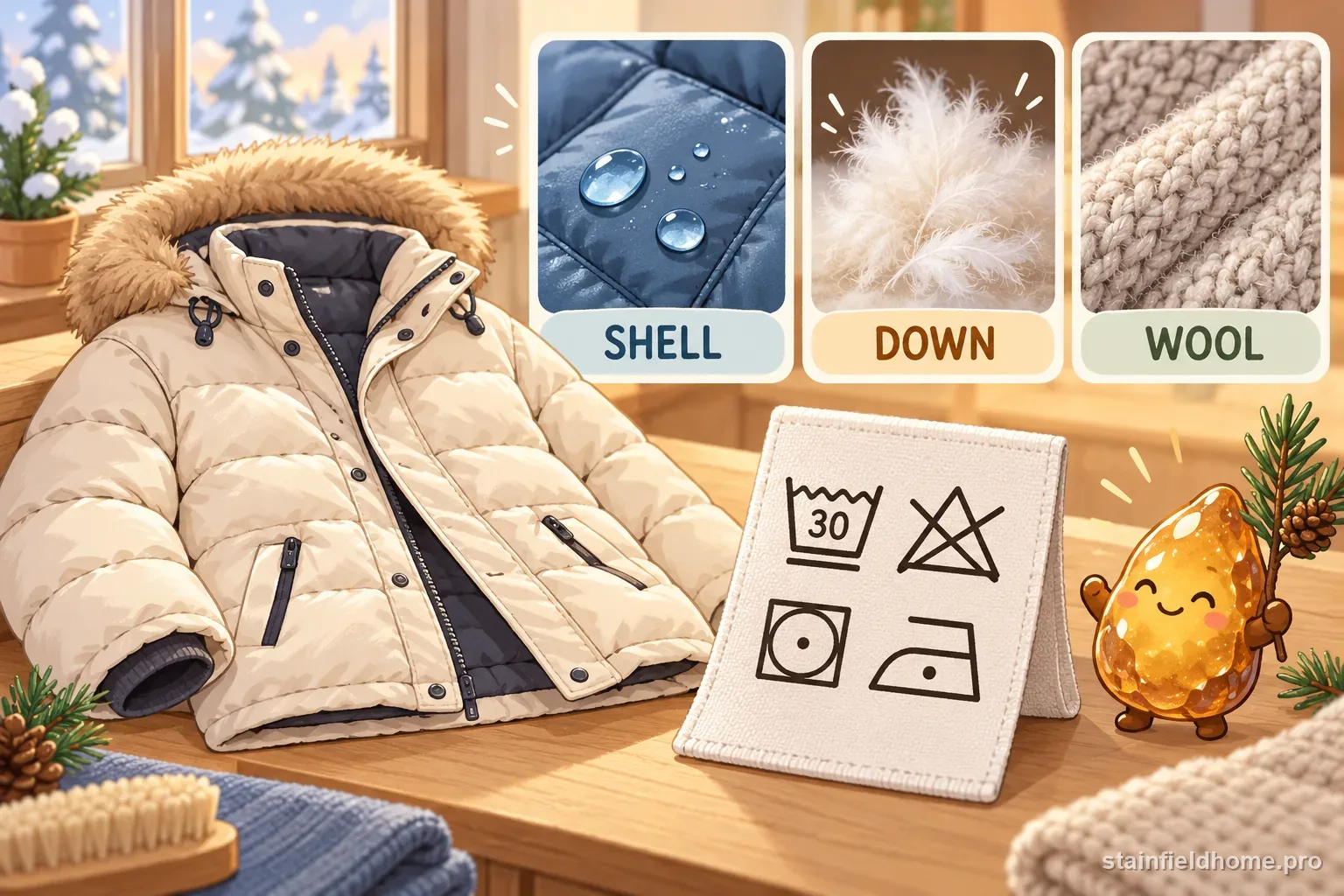 Winter coat care labels beside shell fabric, down fill, and wool swatches