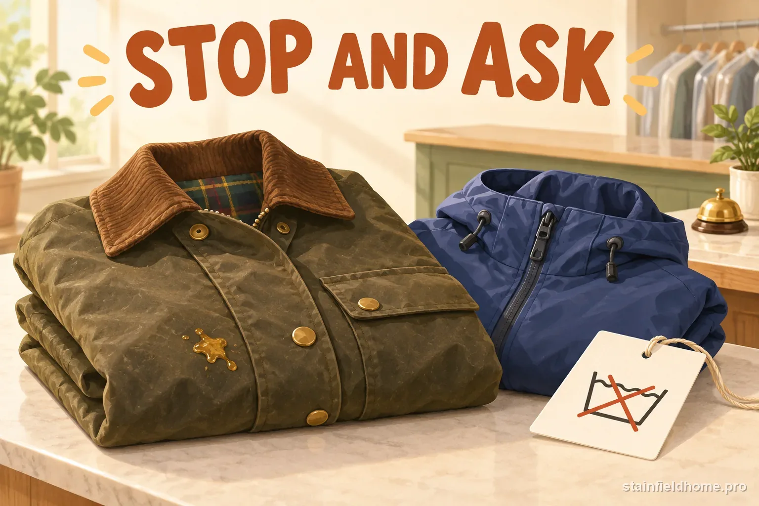 A waterproof coat beside a care tag and a professional cleaning card