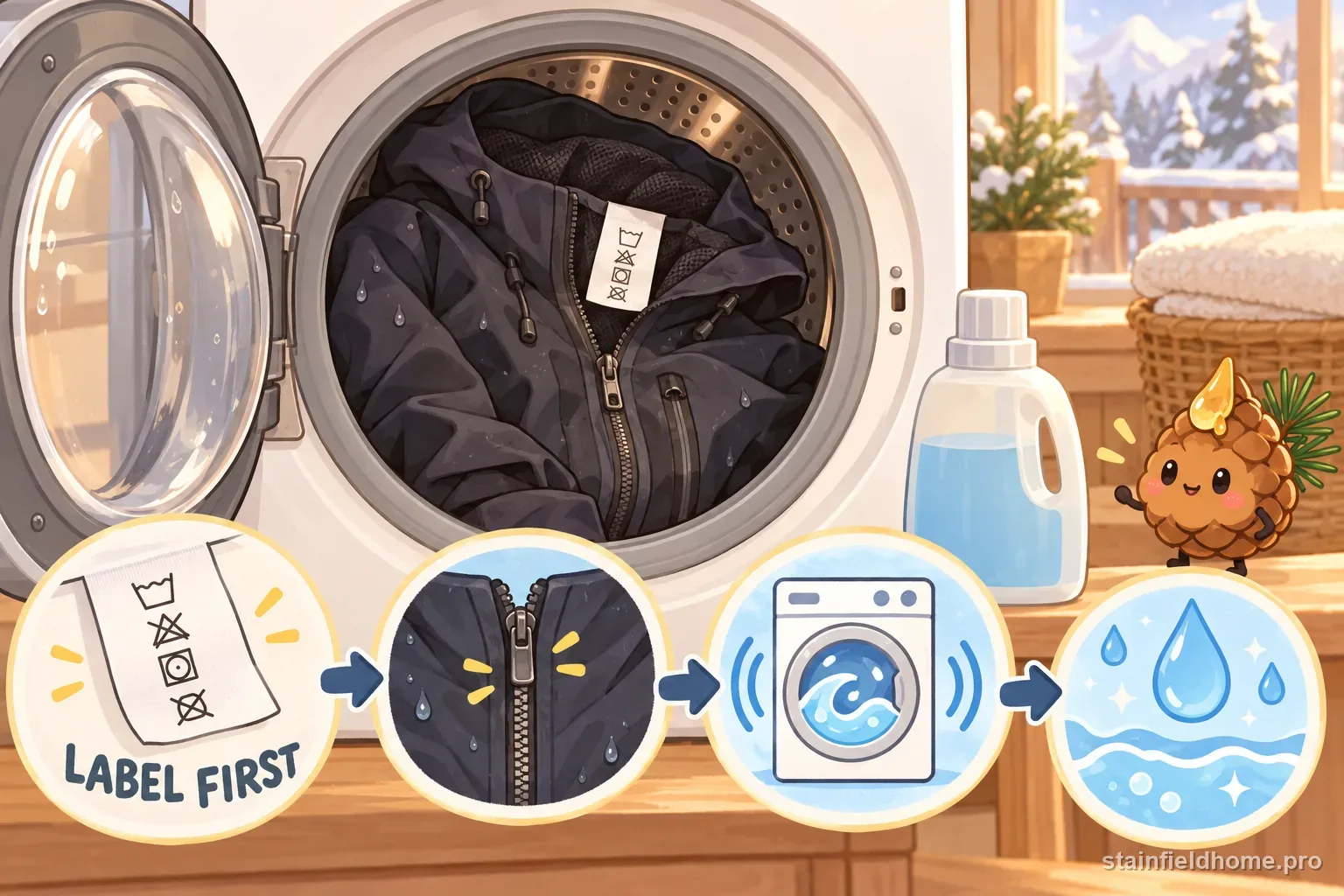 A technical winter shell in a washer with a small amount of approved liquid detergent