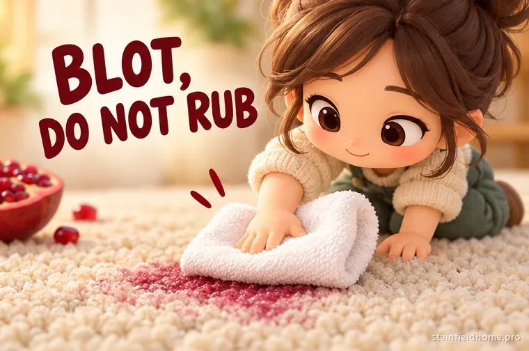 A white cloth pressing vertically onto a pomegranate spot in wool carpet