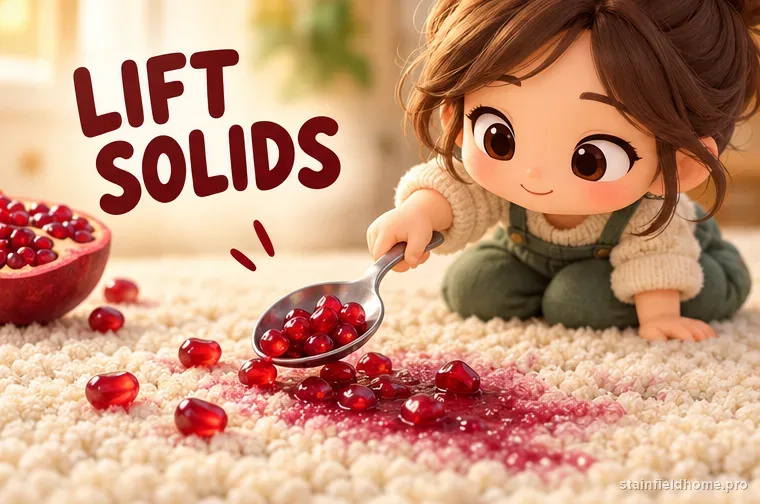 A spoon lifting pomegranate seeds and pulp from wool carpet