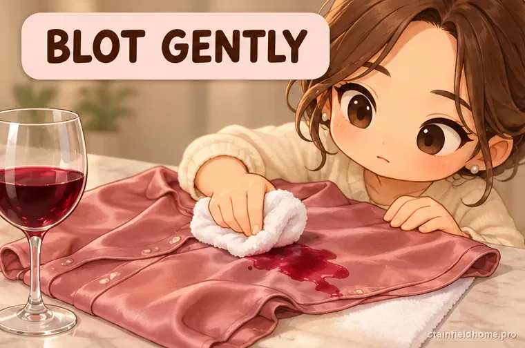 A white cloth blotting a red wine spill on silk without rubbing