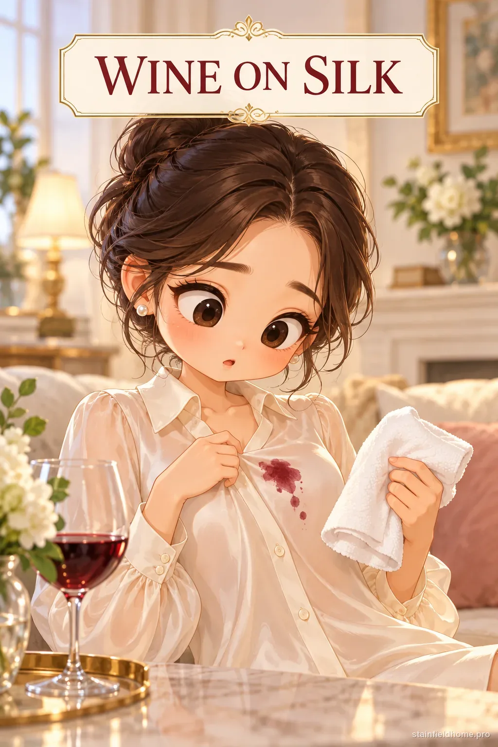 Red wine on a pale silk blouse beside a white blotting cloth
