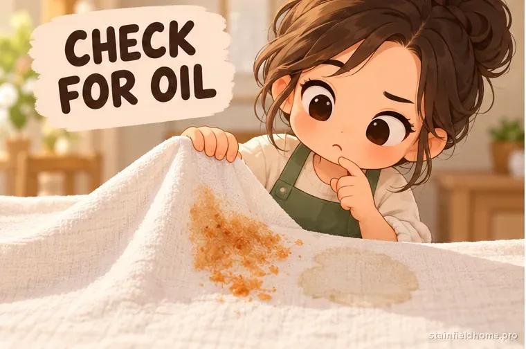 A cotton napkin showing a faint oil ring after orange casserole residue is rinsed