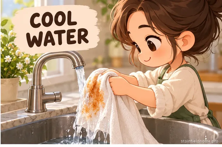 Cool water rinsing a casserole stain from the reverse side of cotton