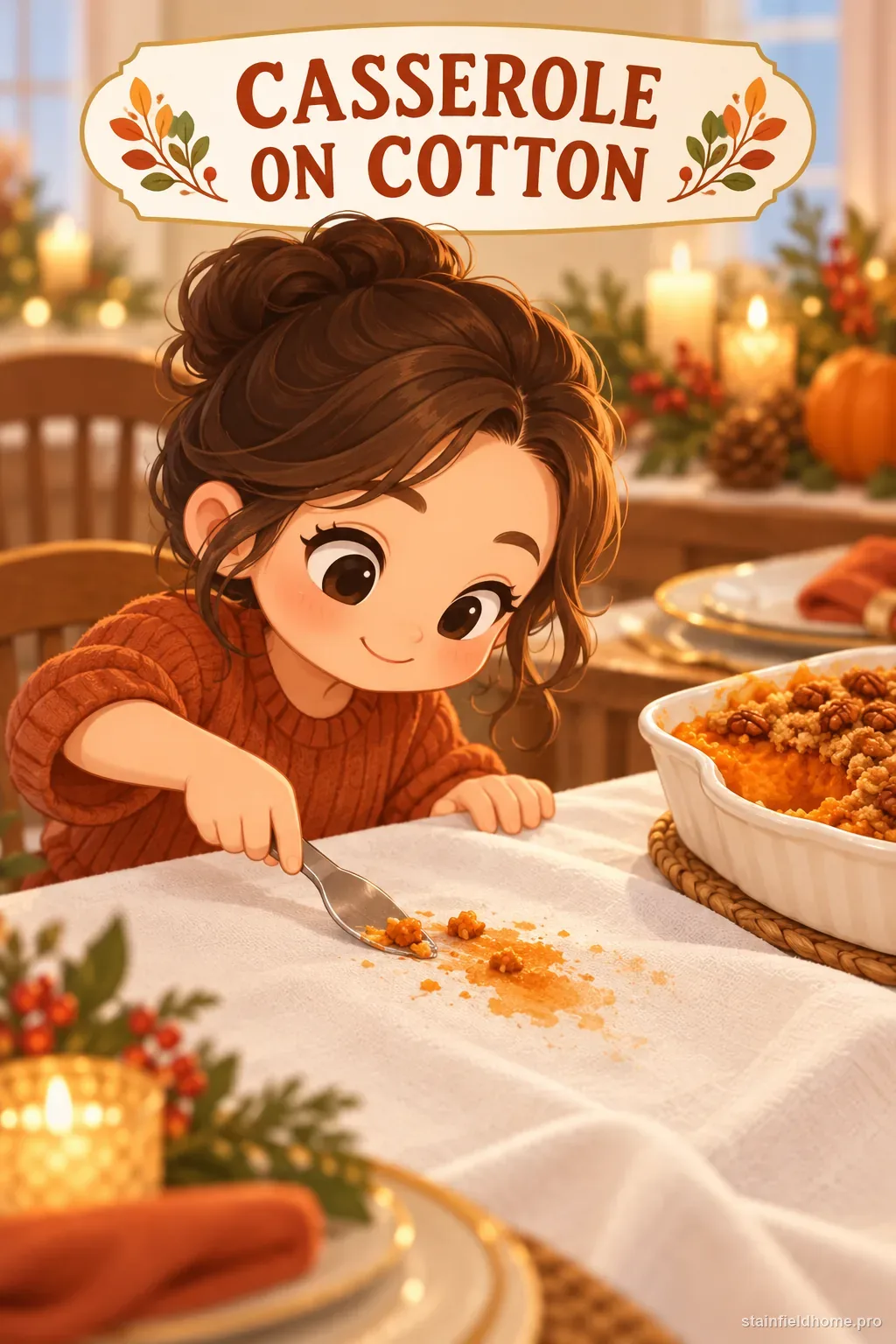 A sweet potato casserole stain on a cotton tablecloth beside a spoon