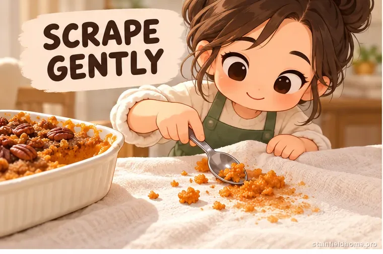 A spoon lifting sweet potato casserole solids from cotton cloth