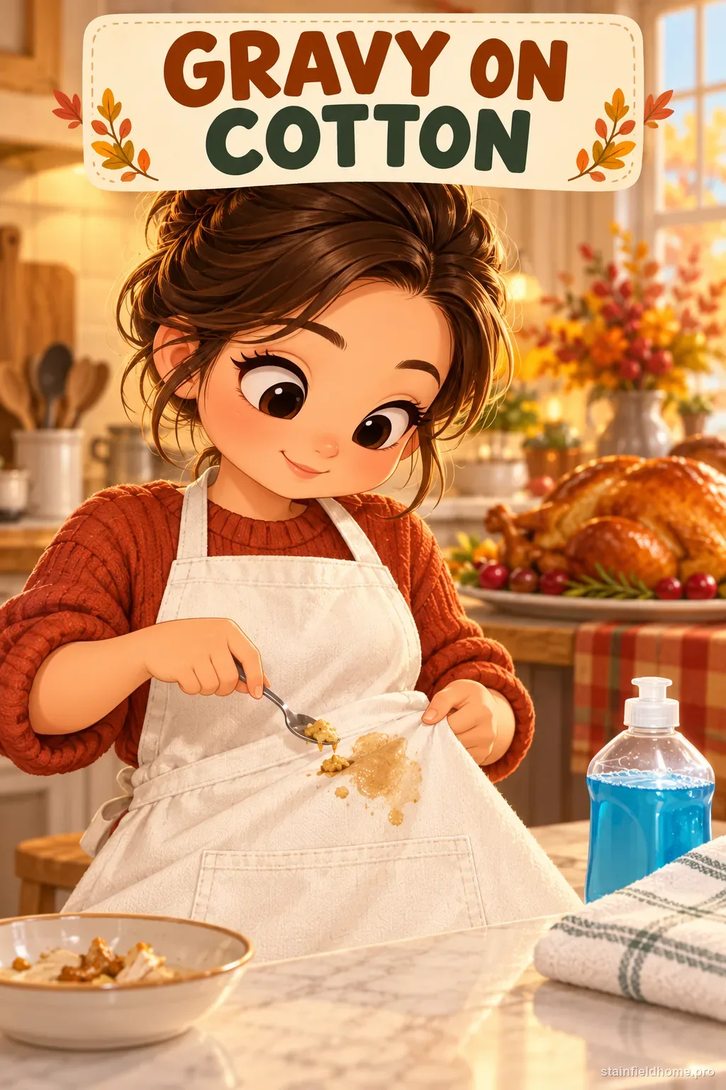 Turkey gravy on a cotton apron beside a clean white cloth