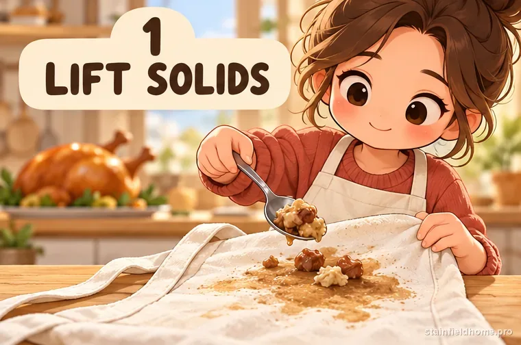 A spoon lifting turkey gravy solids from a cotton apron