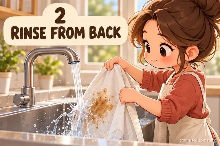 Cool water rinsing gravy from the back of a cotton apron