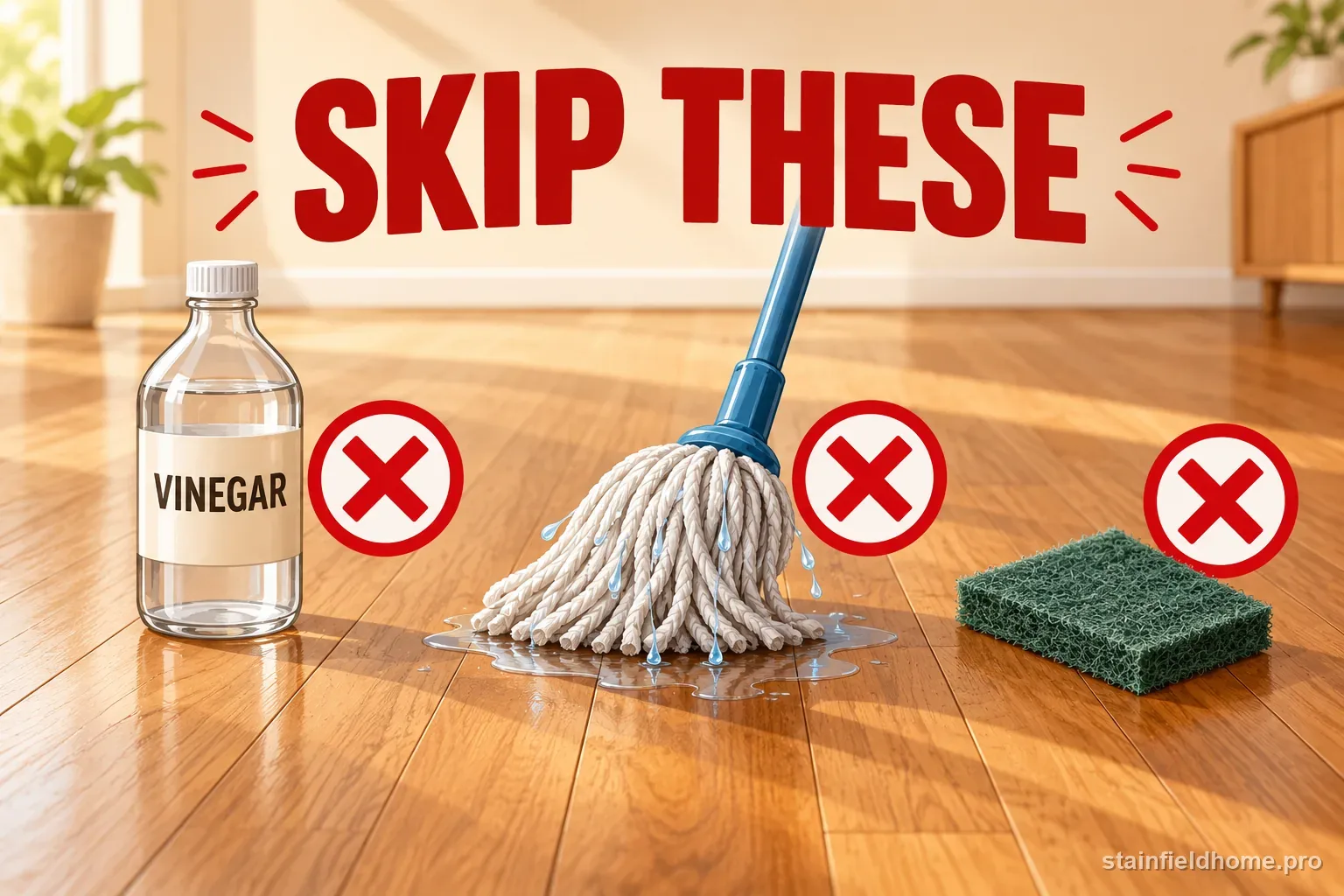 Vinegar, a soaking wet mop, and an abrasive pad crossed out beside a protected wood floor