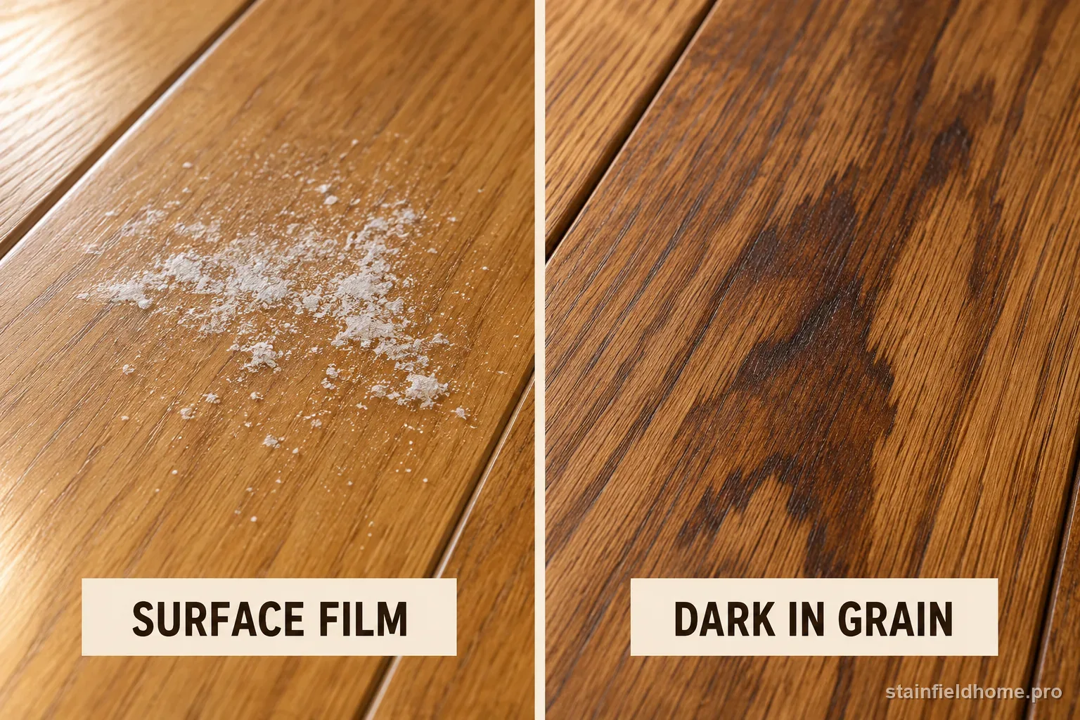 A comparison of a removable white salt residue on a wood finish and a dark mark within the wood grain