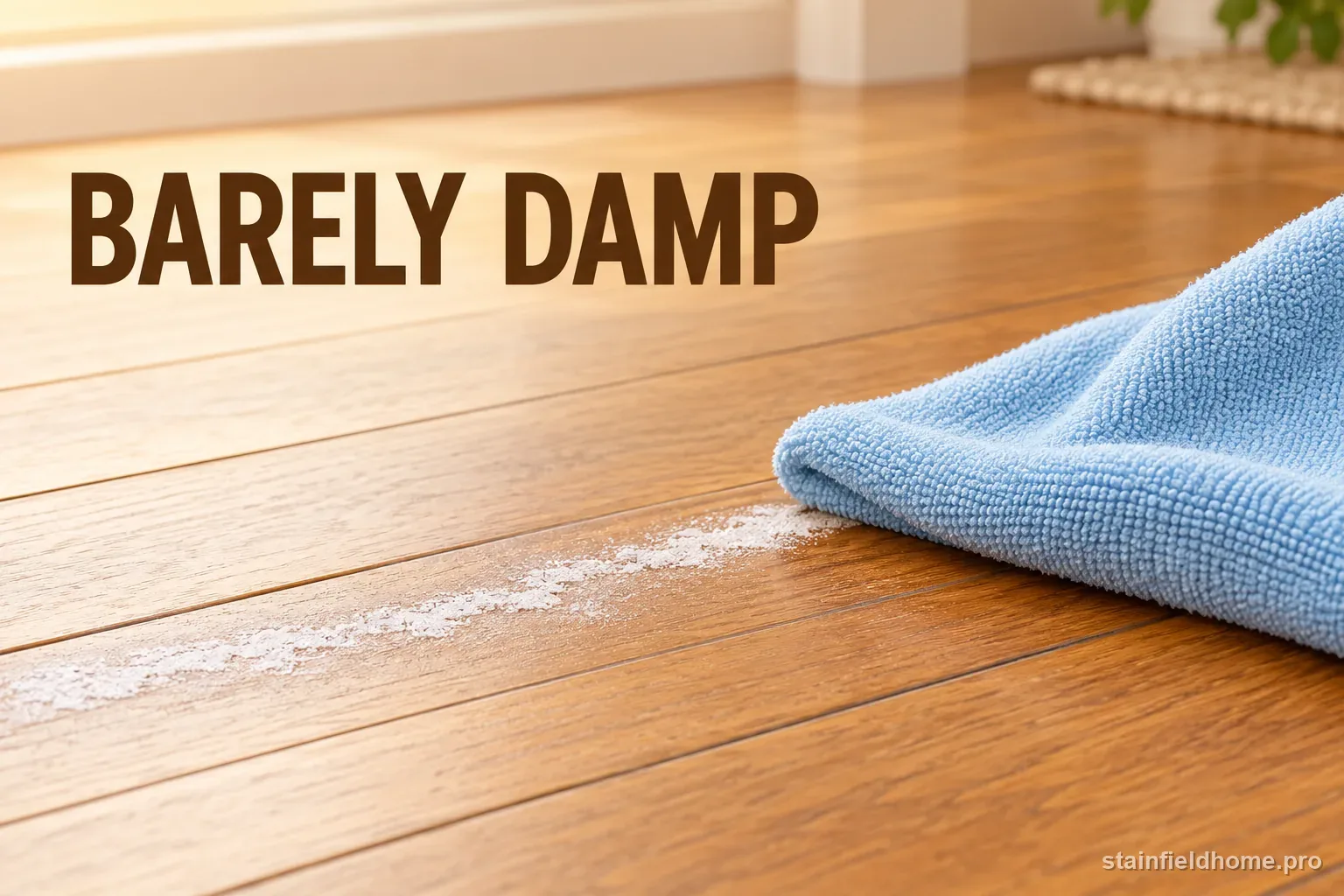 A barely damp microfiber cloth wiping a narrow salt mark along the direction of wood planks