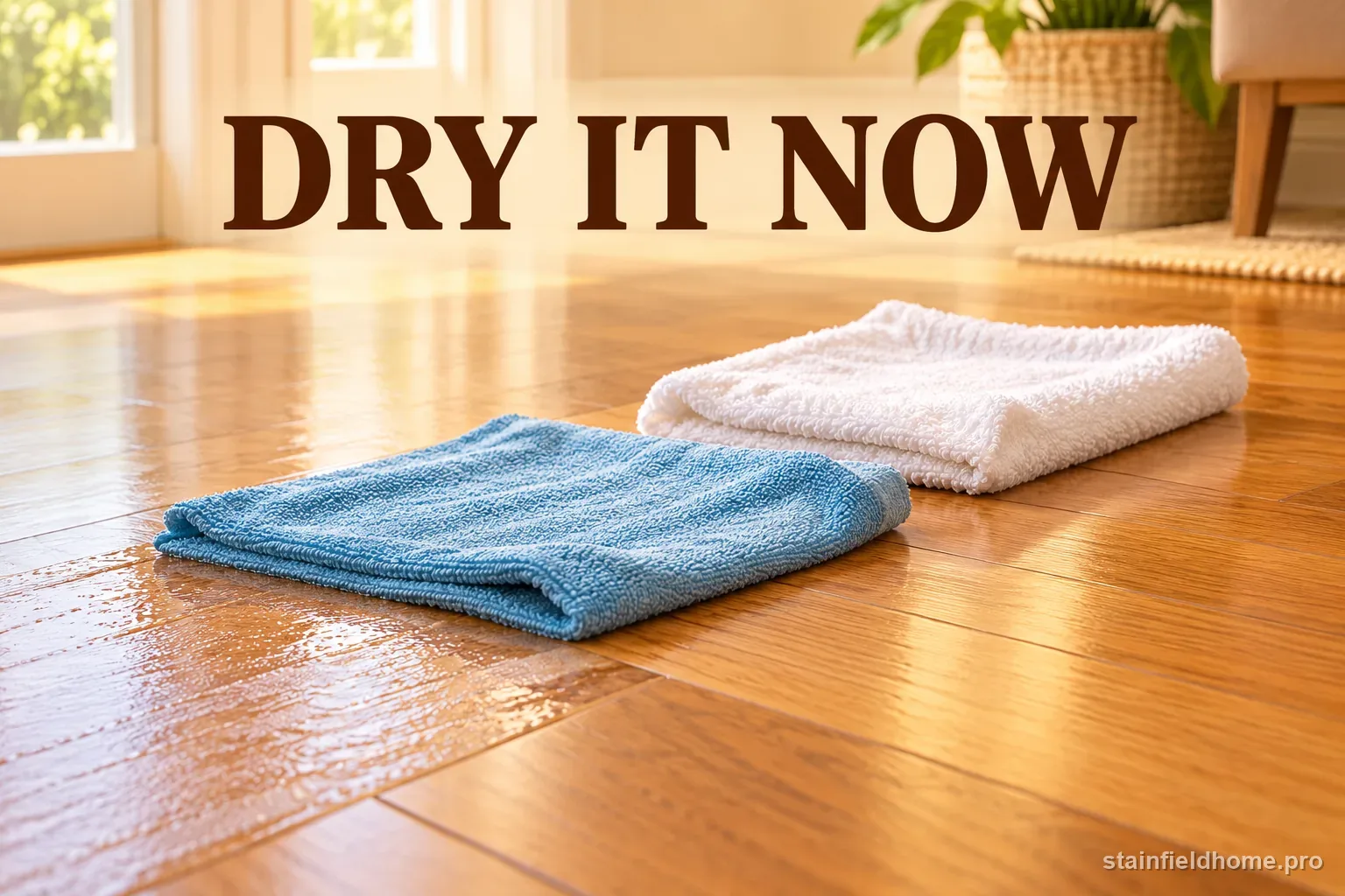 A dry towel following behind a damp microfiber cloth on a wood floor to remove moisture immediately