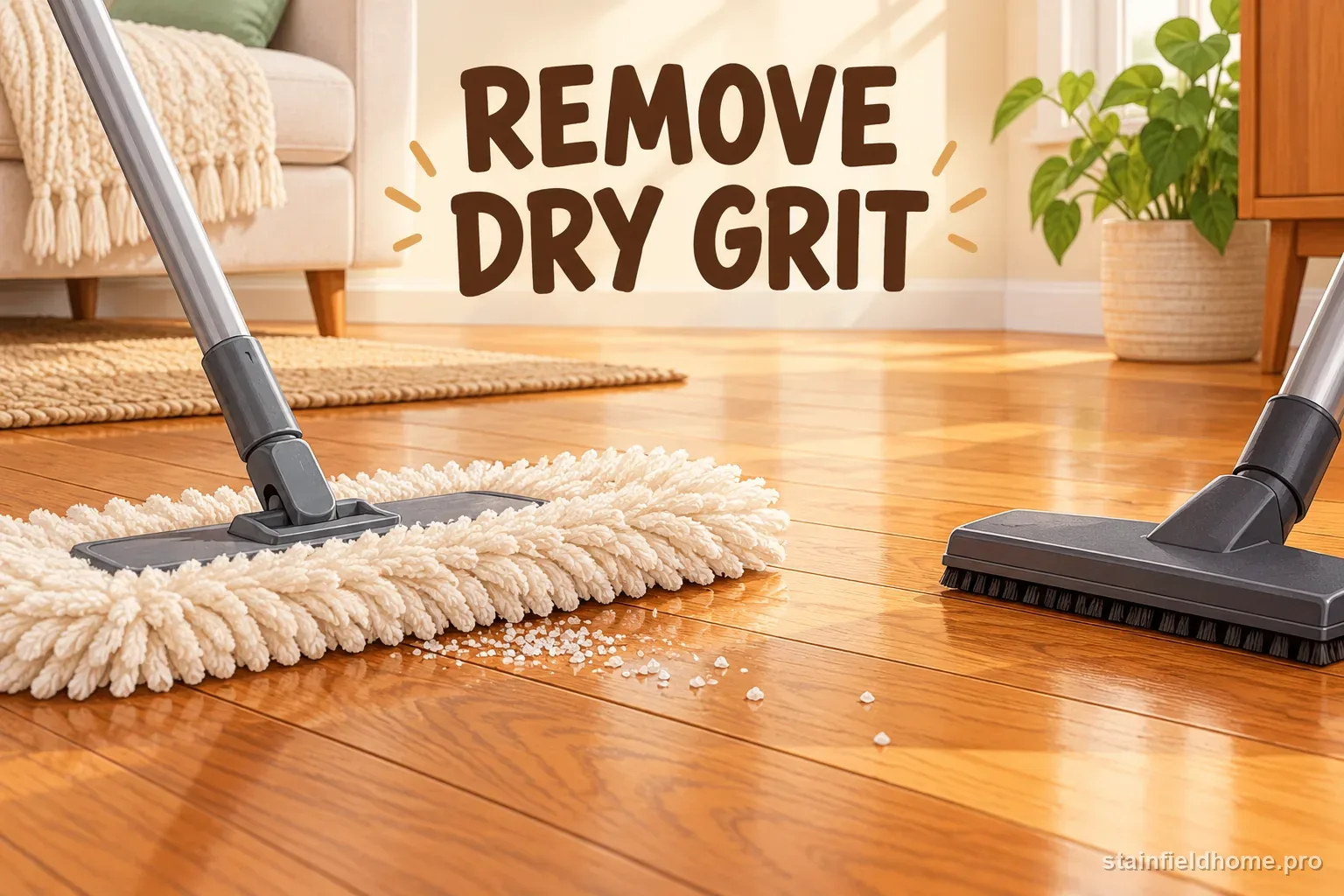 A soft dust mop collecting loose salt grains from a finished wood floor before any liquid is used