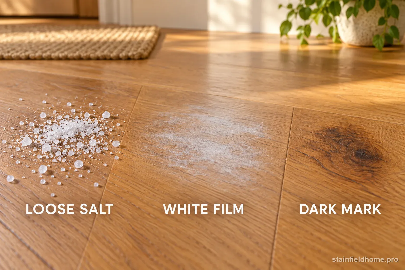 Loose white crystals, a pale dried salt film, and a dark floor mark shown as three distinct wood-floor conditions
