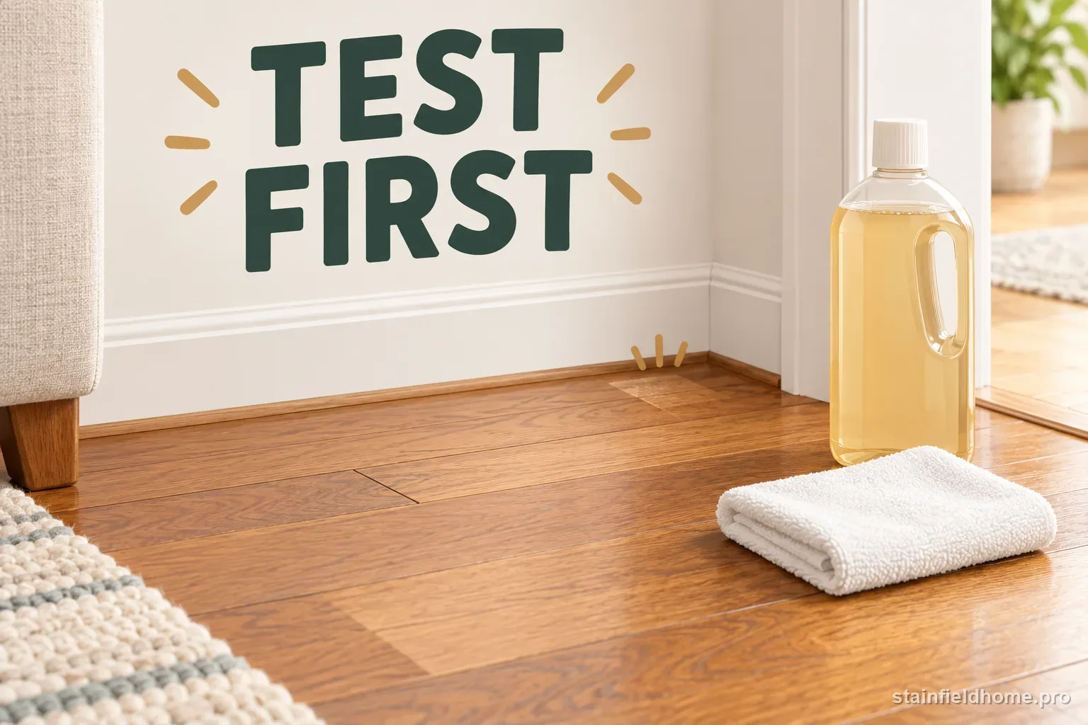 A small hidden floor test area beside the flooring manufacturer's cleaner and a white cloth