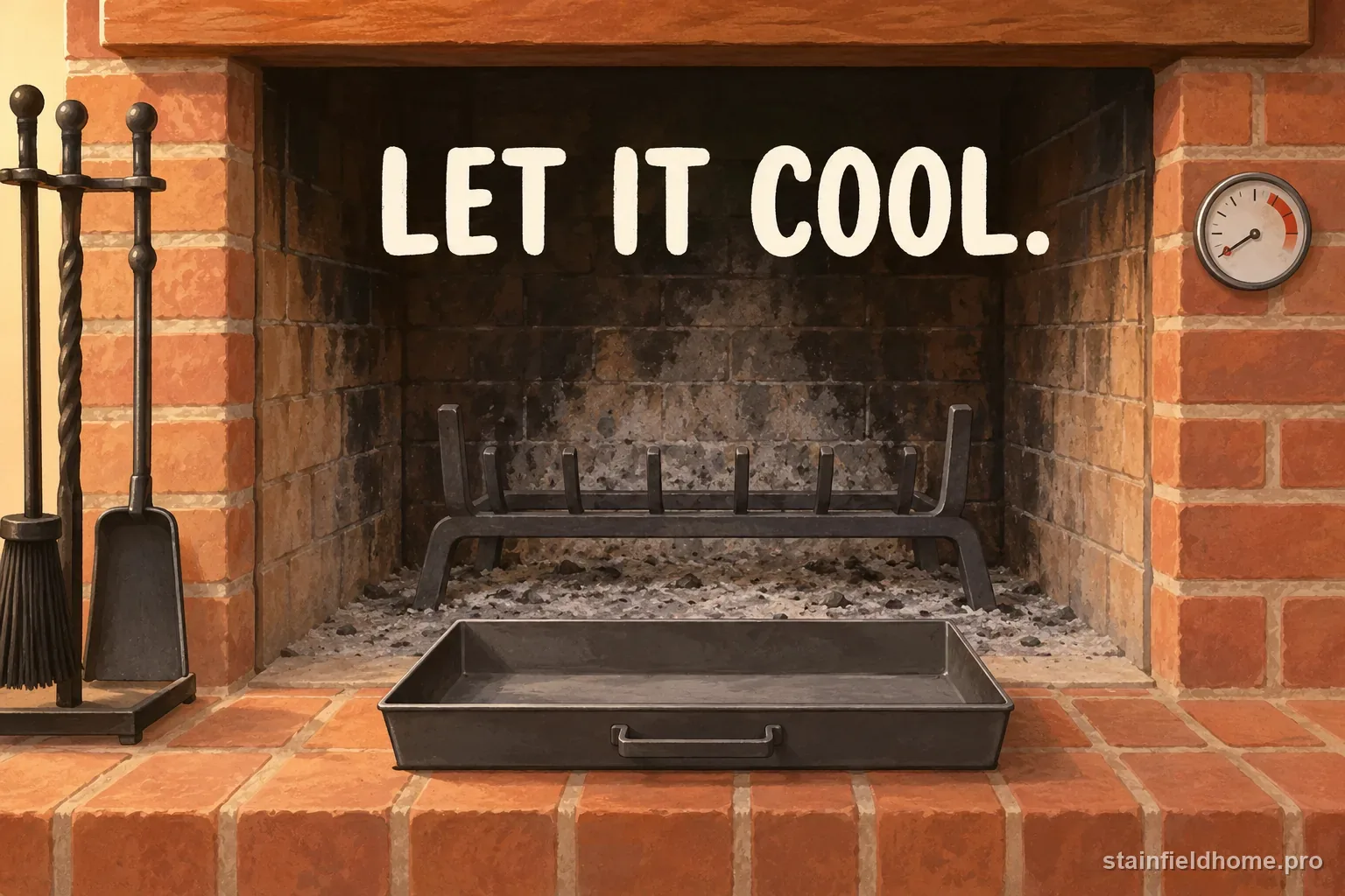Cold fireplace with ash removed and a thermometer showing the masonry is cool