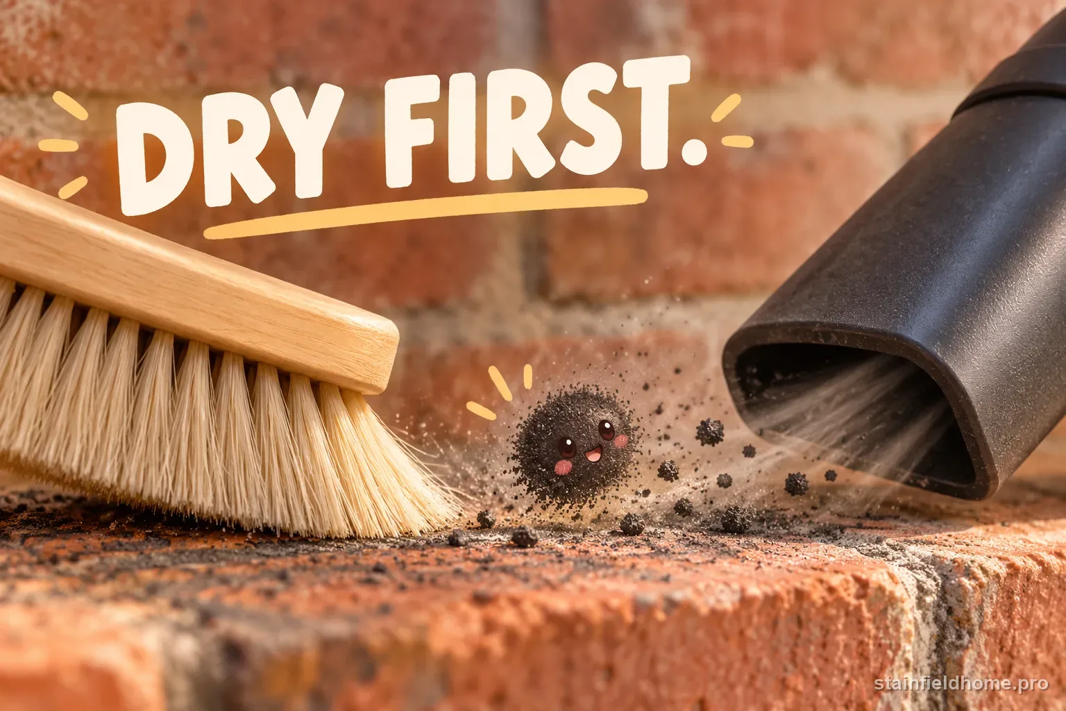Soft dry brush and soot sponge lifting loose soot into a vacuum nozzle