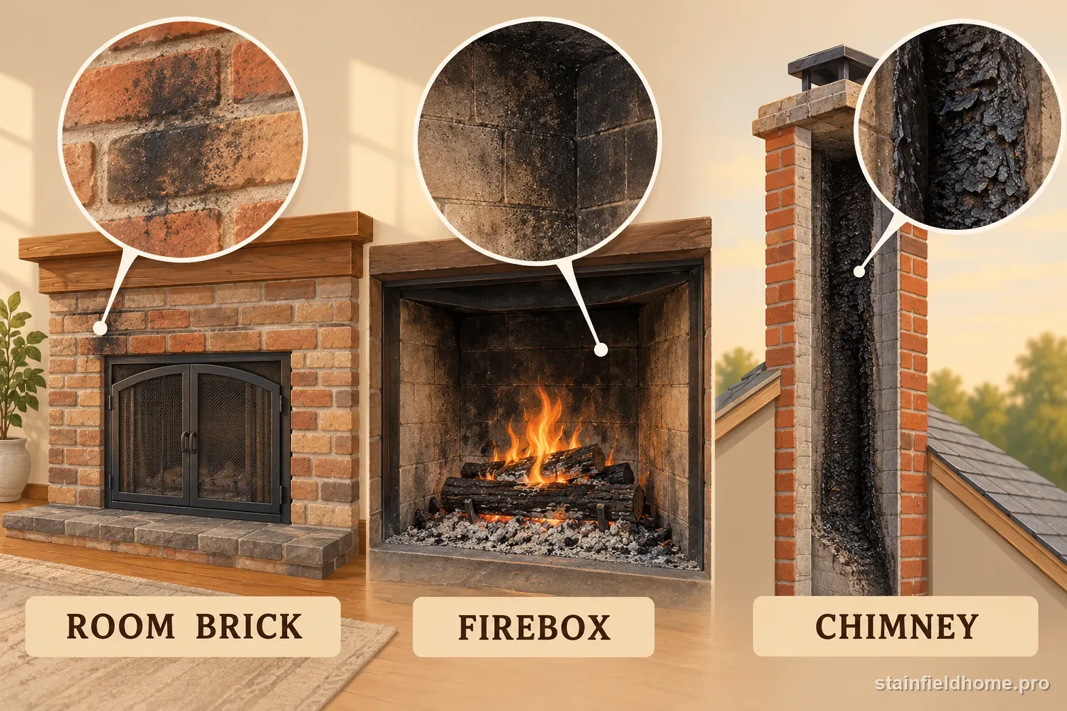 Diagram distinguishing soot on the outside brick from deposits inside a firebox and chimney