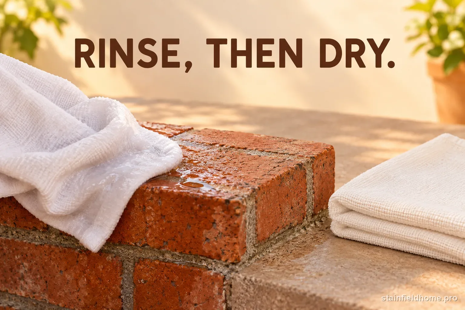Clean white cloth blotting a small brick section while a second cloth dries it