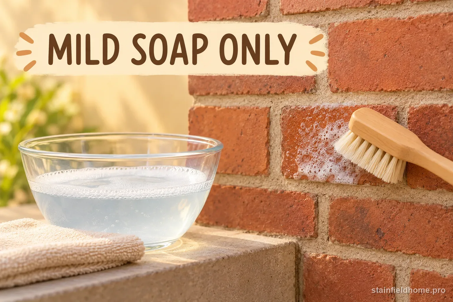 Soft nylon brush and mild detergent solution beside a lightly dampened brick