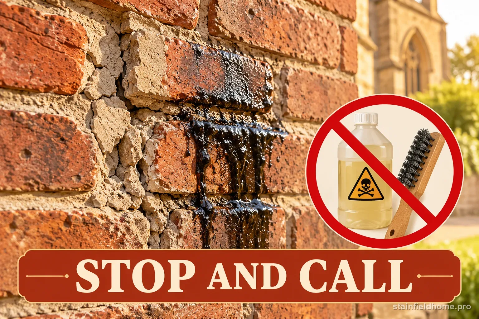 Warning card showing cracked mortar, white residue, and an acid bottle crossed out
