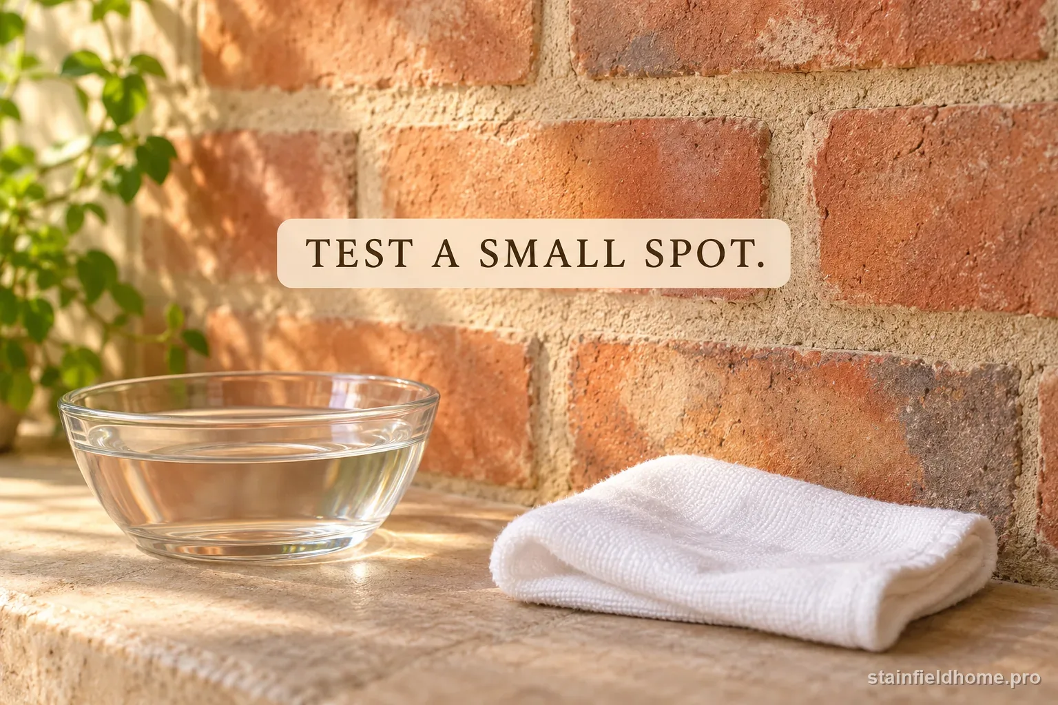 Small hidden brick test area beside a white cloth and plain water