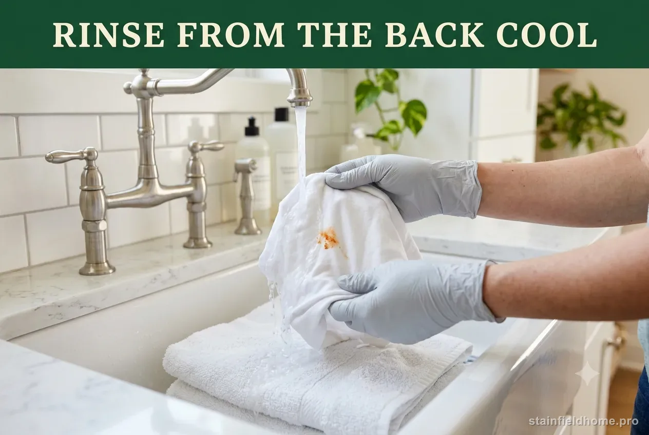 Gloved hands rinsing a rust stain from the back of white cotton fabric under cool running water
