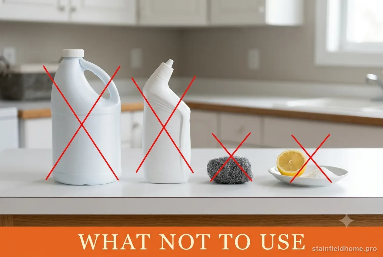 Chlorine bleach, toilet-bowl cleaner, steel wool and a lemon-and-salt dish marked with red X