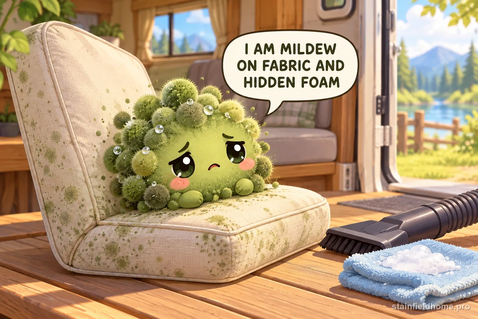 A chibi mildew character on rv or camper upholstery with a speech bubble reading “I AM MILDEW ON FABRIC AND HIDDEN FOAM”.