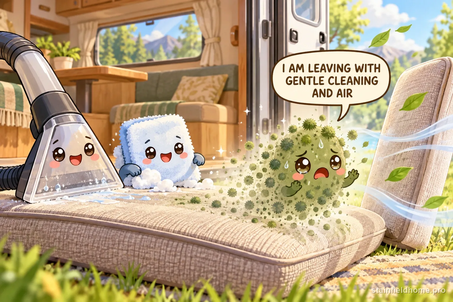The mildew character fades beside cleaning supplies for rv or camper upholstery, with a speech bubble reading “I AM LEAVING WITH GENTLE CLEANING AND AIR”.