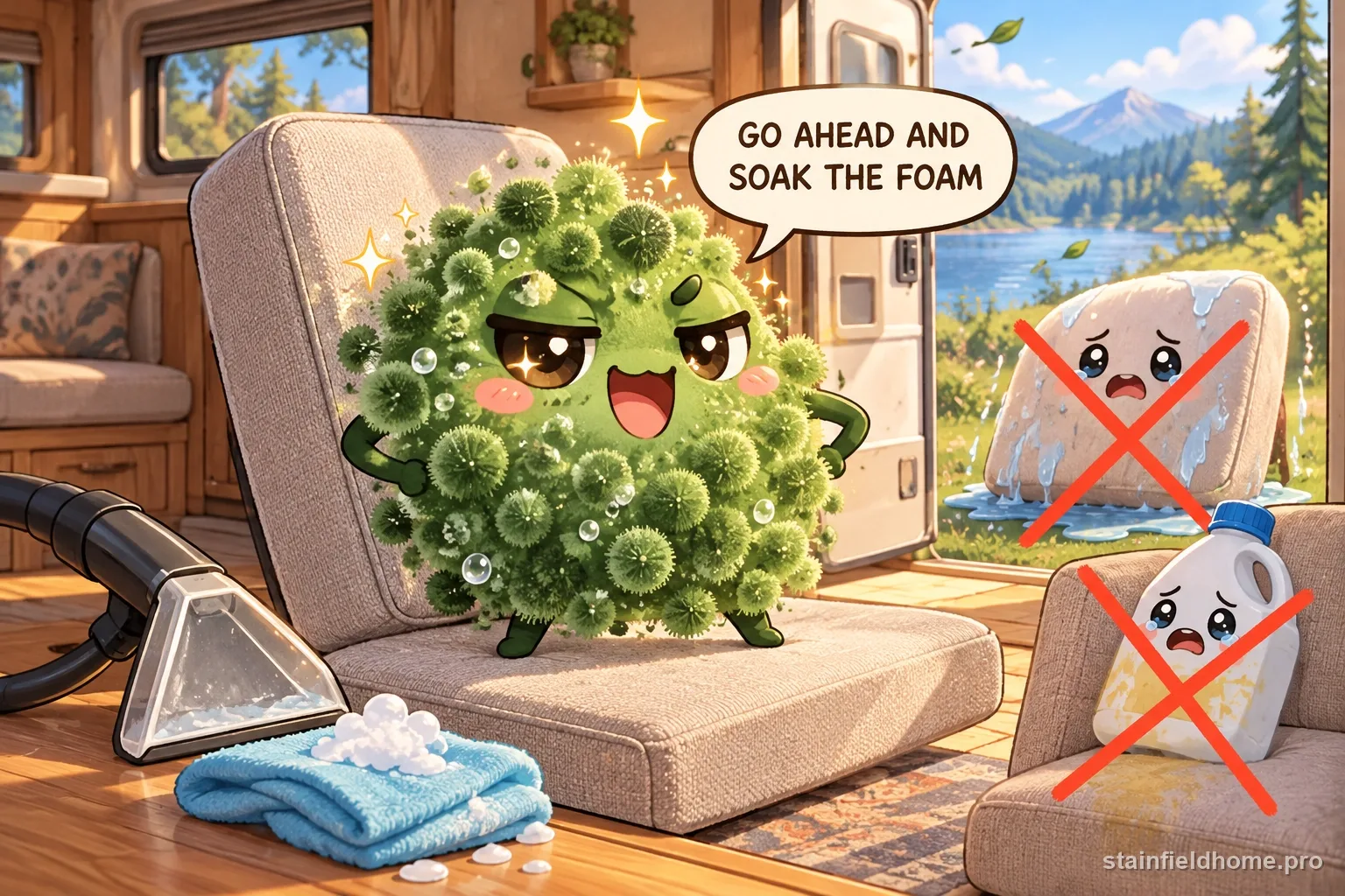 The mildew character warns against a risky cleaning method for rv or camper upholstery, with a speech bubble reading “GO AHEAD AND SOAK THE FOAM”.