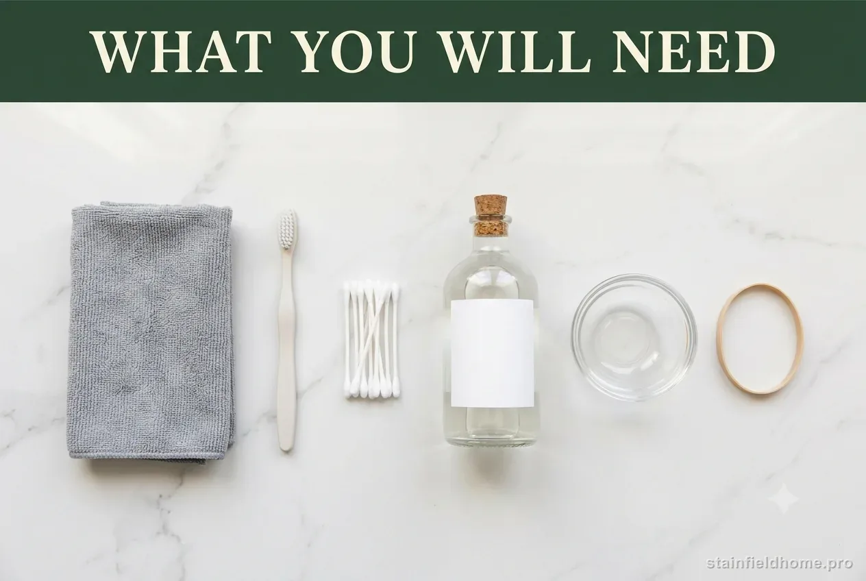 A microfiber cloth, a soft toothbrush, cotton swabs, a bottle of white vinegar, a bowl and a rubber band on a counter