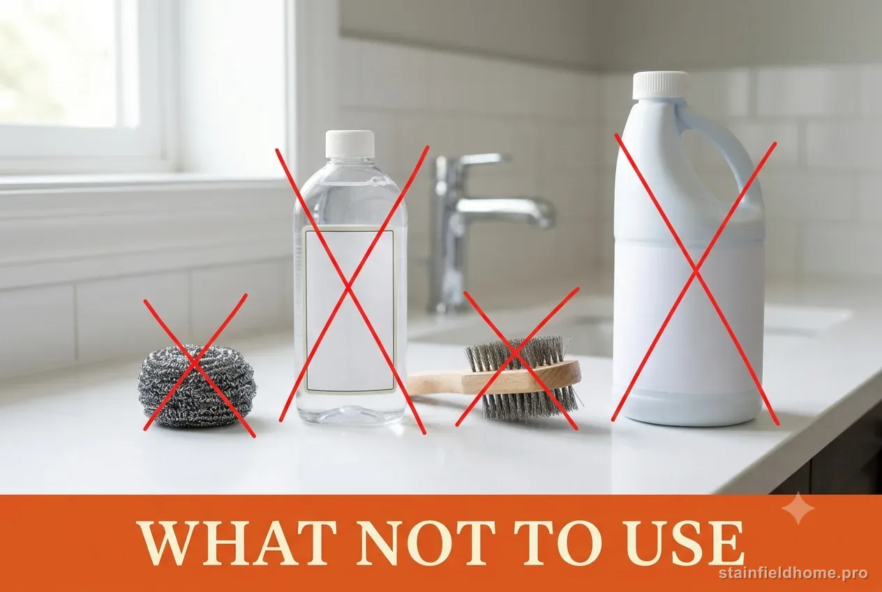 Steel wool, a strong acid descaler, a wire brush and a bottle of bleach marked with red X
