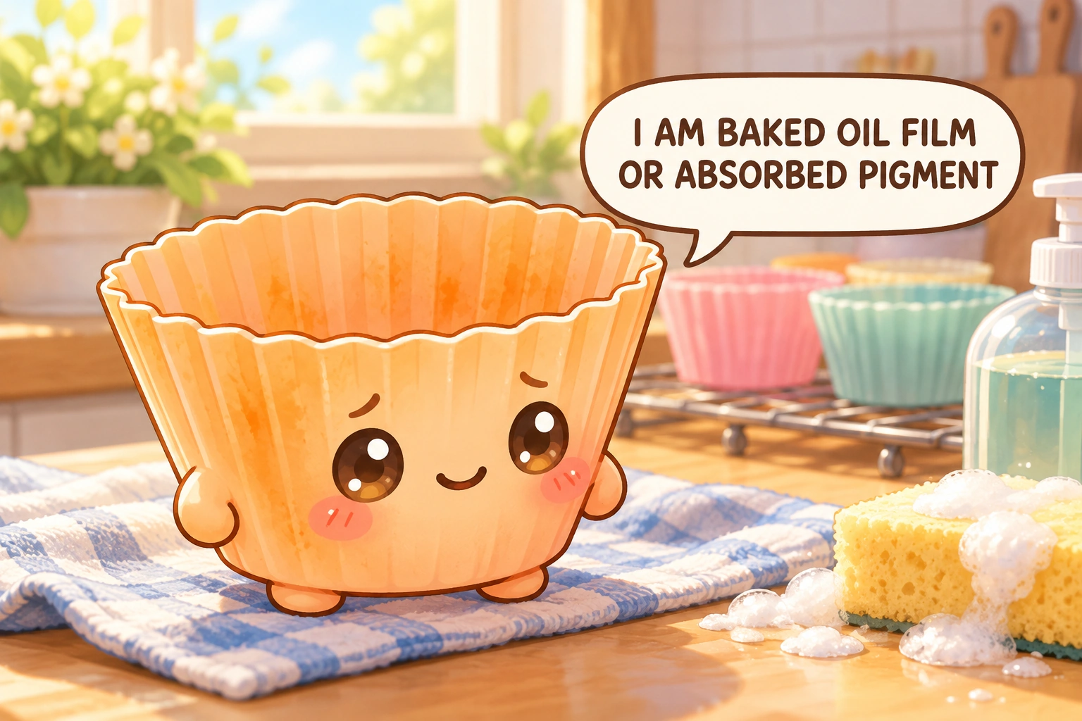 A chibi oil and food discoloration character on silicone bakeware with a speech bubble reading “I AM BAKED OIL FILM OR ABSORBED PIGMENT”.
