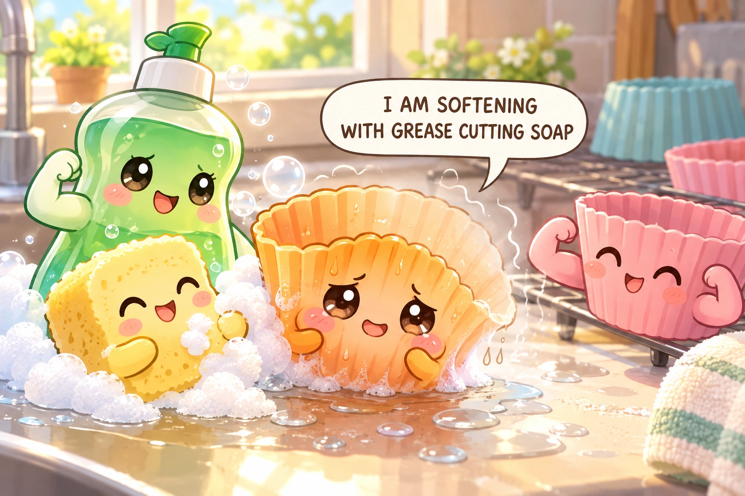 The oil and food discoloration character fades beside cleaning supplies for silicone bakeware, with a speech bubble reading “I AM SOFTENING WITH GREASE CUTTING SOAP”.