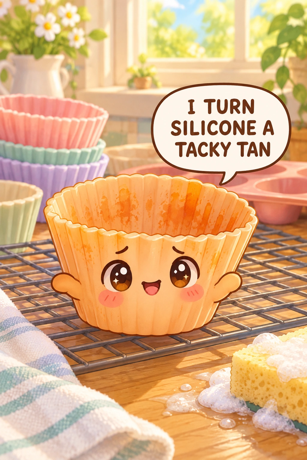 A chibi oil and food discoloration character in an illustrated scene about silicone bakeware.