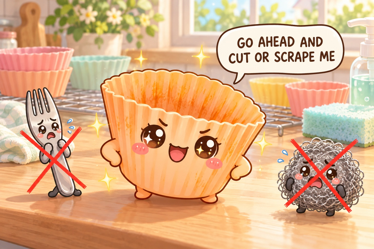 The oil and food discoloration character warns against a risky cleaning method for silicone bakeware, with a speech bubble reading “GO AHEAD AND CUT OR SCRAPE ME”.