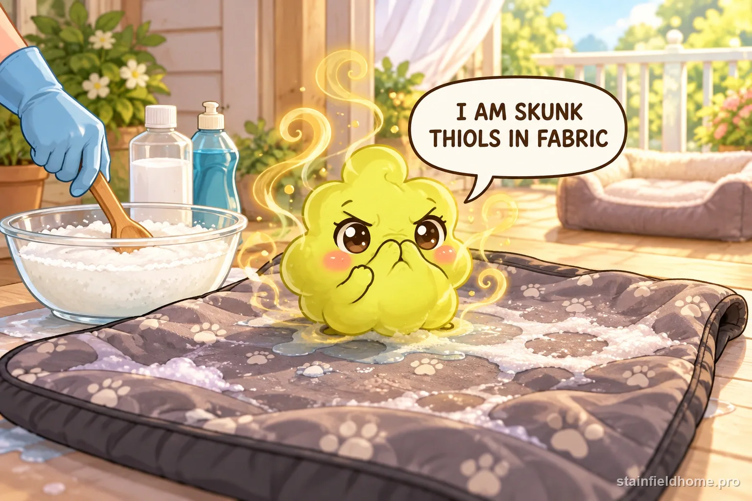 A chibi skunk spray odor character on washable dog bed with a speech bubble reading “I AM SKUNK THIOLS IN FABRIC”.