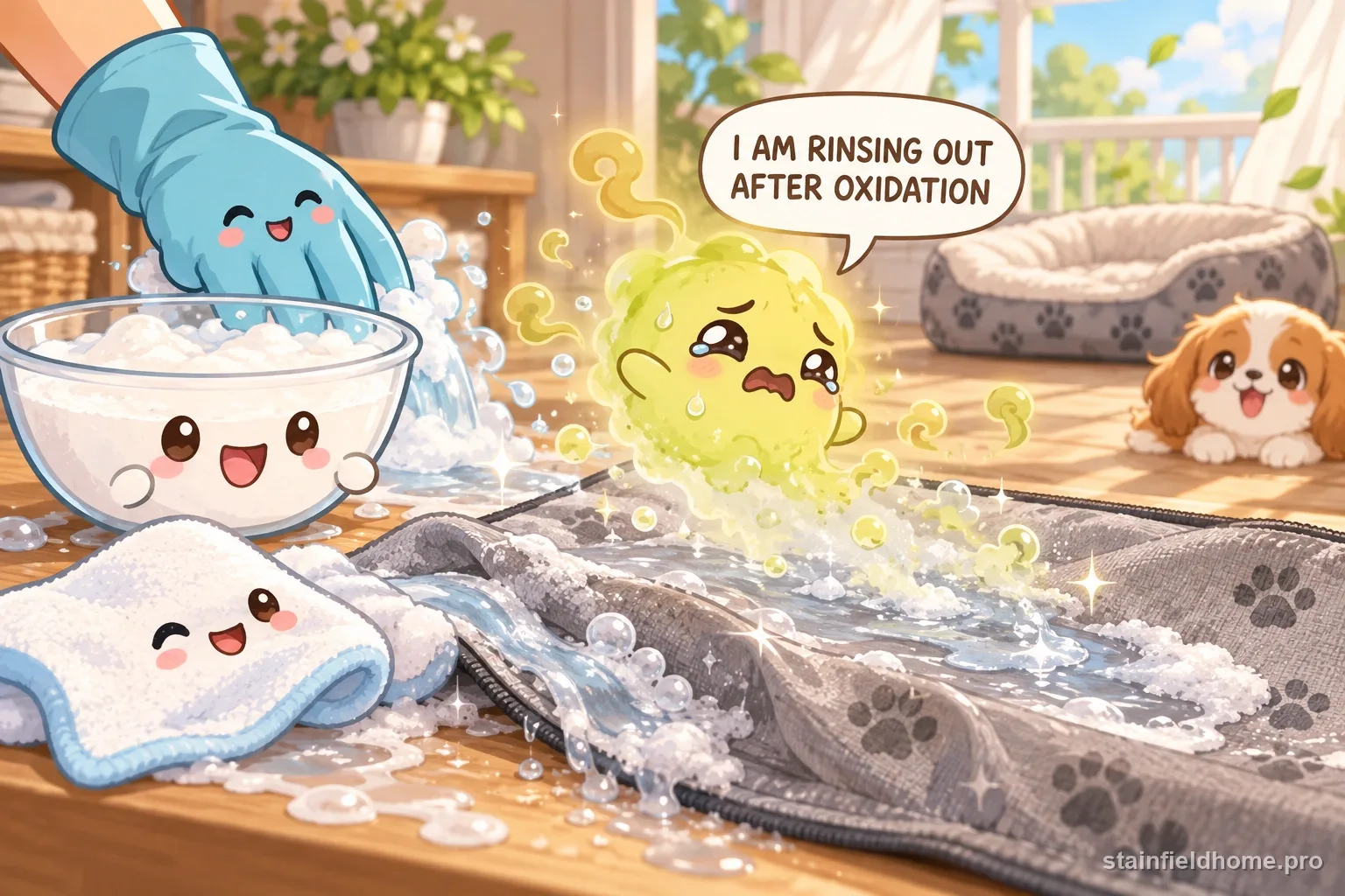 The skunk spray odor character fades beside cleaning supplies for washable dog bed, with a speech bubble reading “I AM RINSING OUT AFTER OXIDATION”.