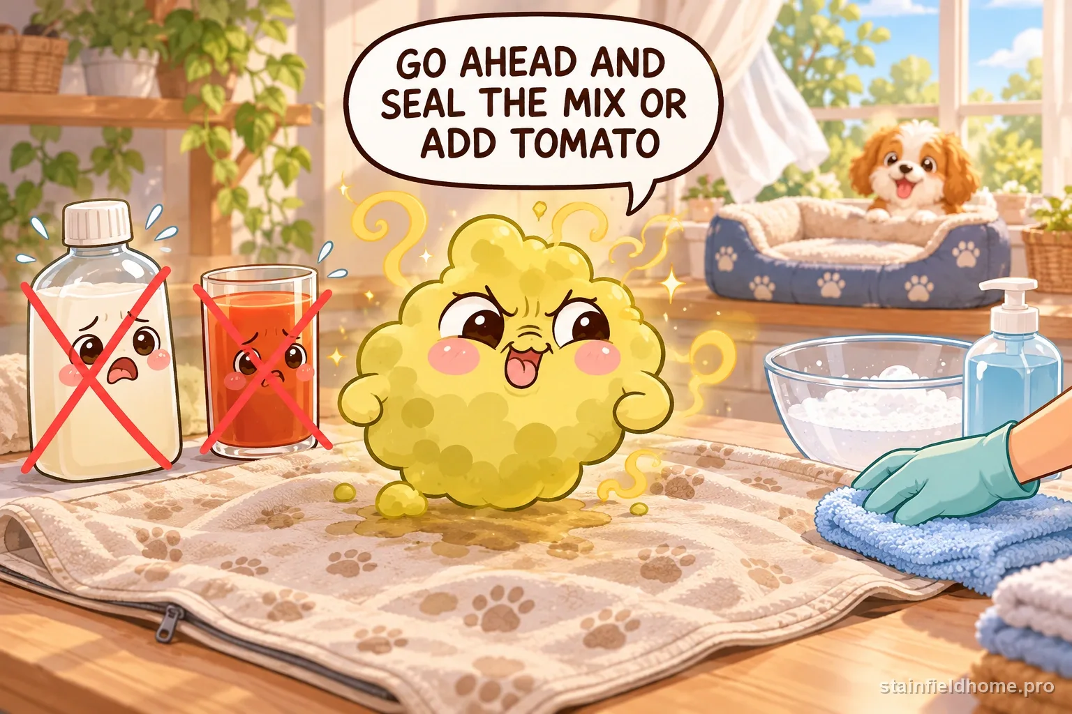 The skunk spray odor character warns against a risky cleaning method for washable dog bed, with a speech bubble reading “GO AHEAD AND SEAL THE MIX OR ADD TOMATO”.