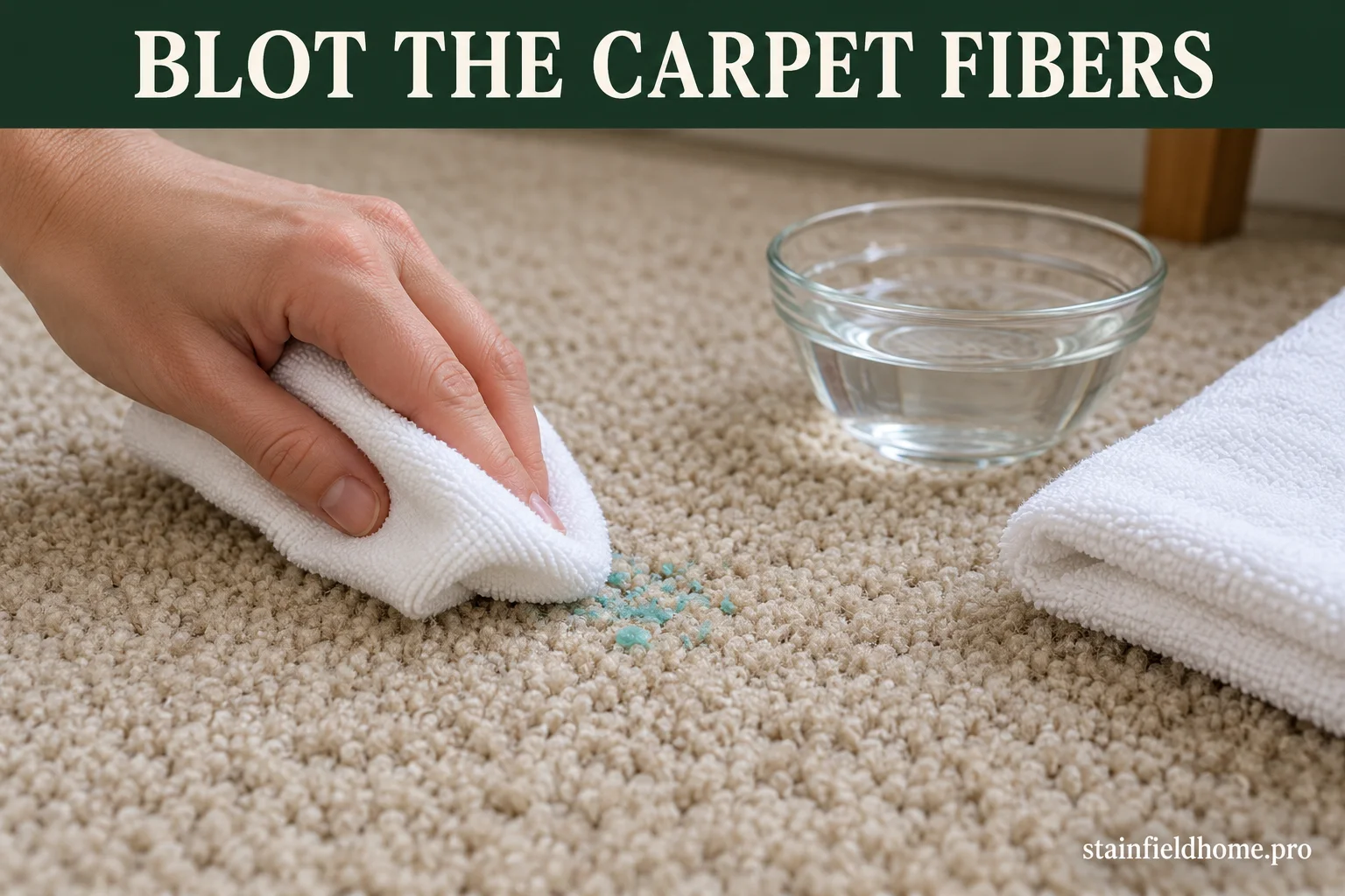 A white cloth gently blotting turquoise slime residue from beige carpet with clear vinegar nearby.
