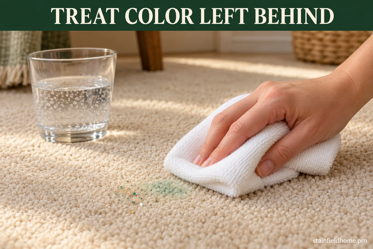 A clean white cloth blotting faint green tint and glitter specks from beige carpet with club soda nearby.